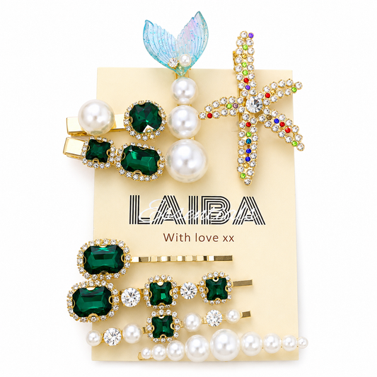 Luxury Pearl & Emerald Crystal Hair Clip Set – 8 Pieces