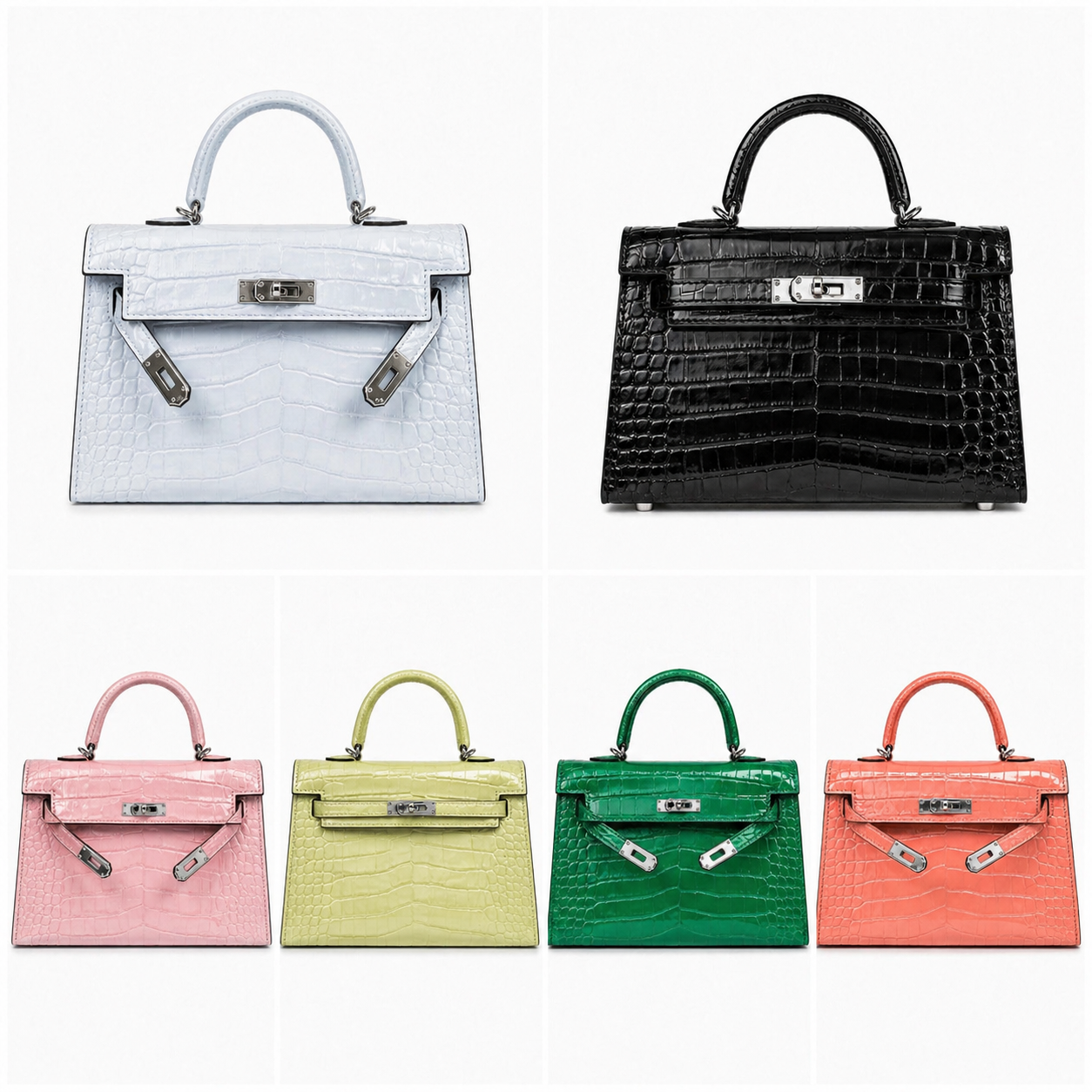 Hermès Mini Kelly Croc-Embossed Bag with Silver Hardware