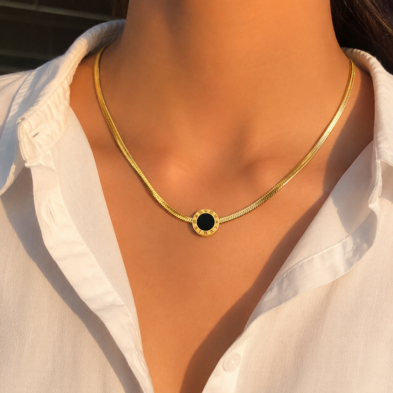 Roman Numeral Pendant Herringbone Necklace