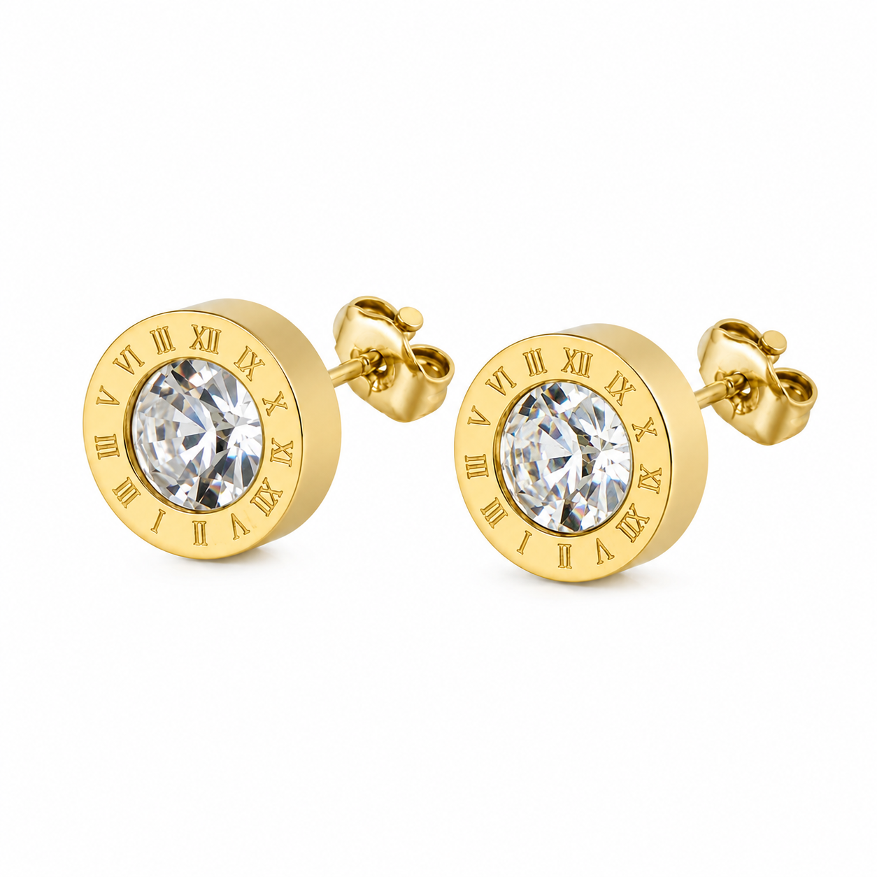 Gold Roman Numeral Crystal Stud Earrings