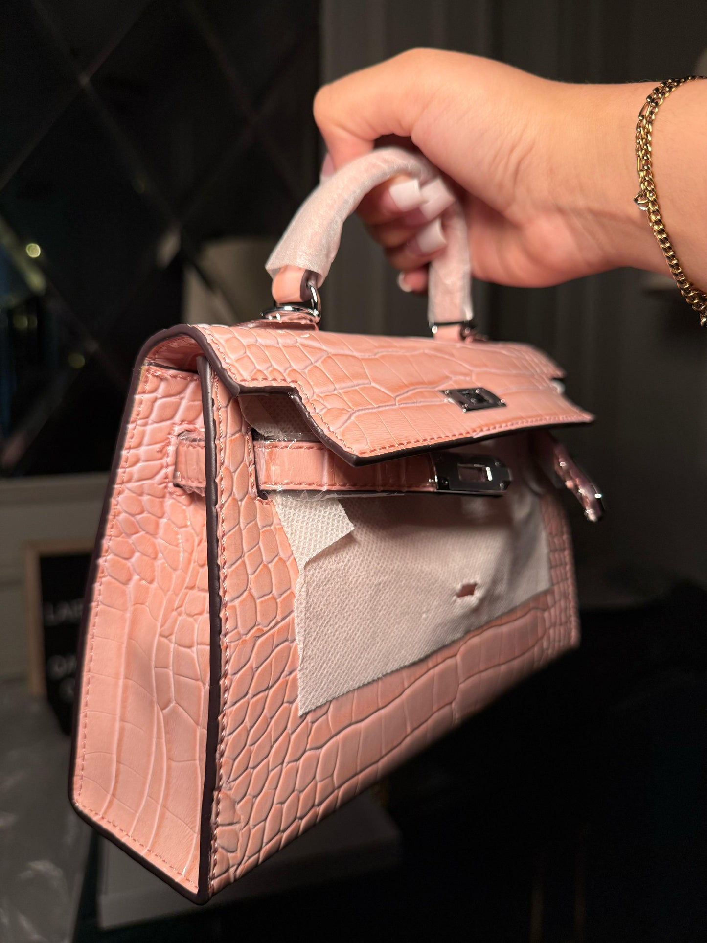 Baby pink Kelly textured sliver hardware bag