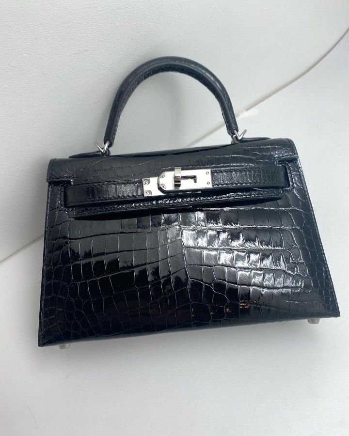 Black textured sliver hardware Mini Kelly bag