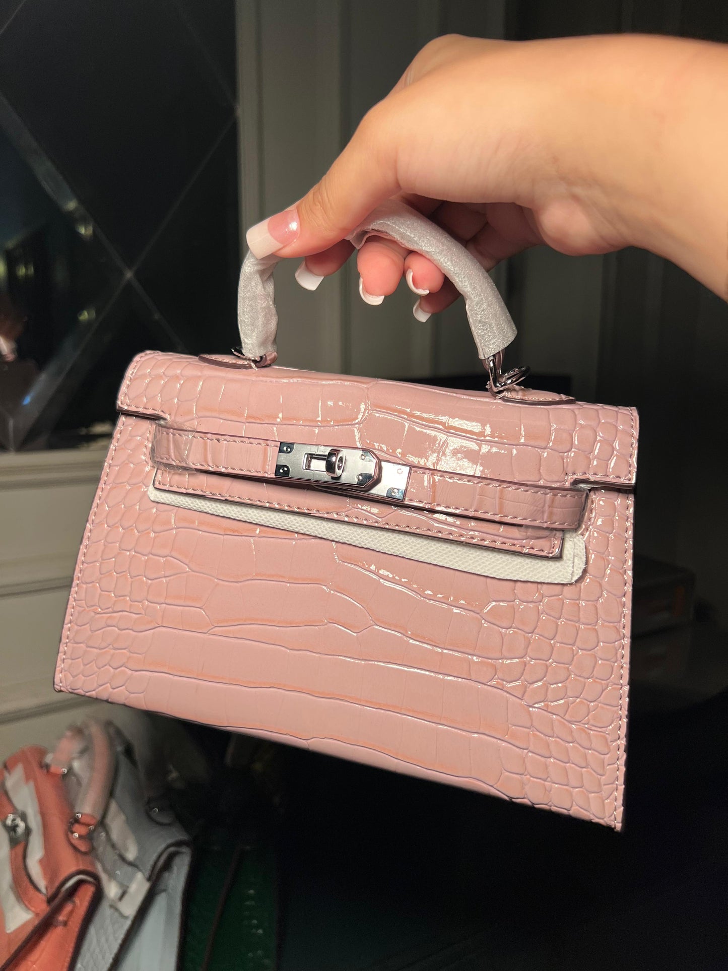 Baby pink Kelly textured sliver hardware bag